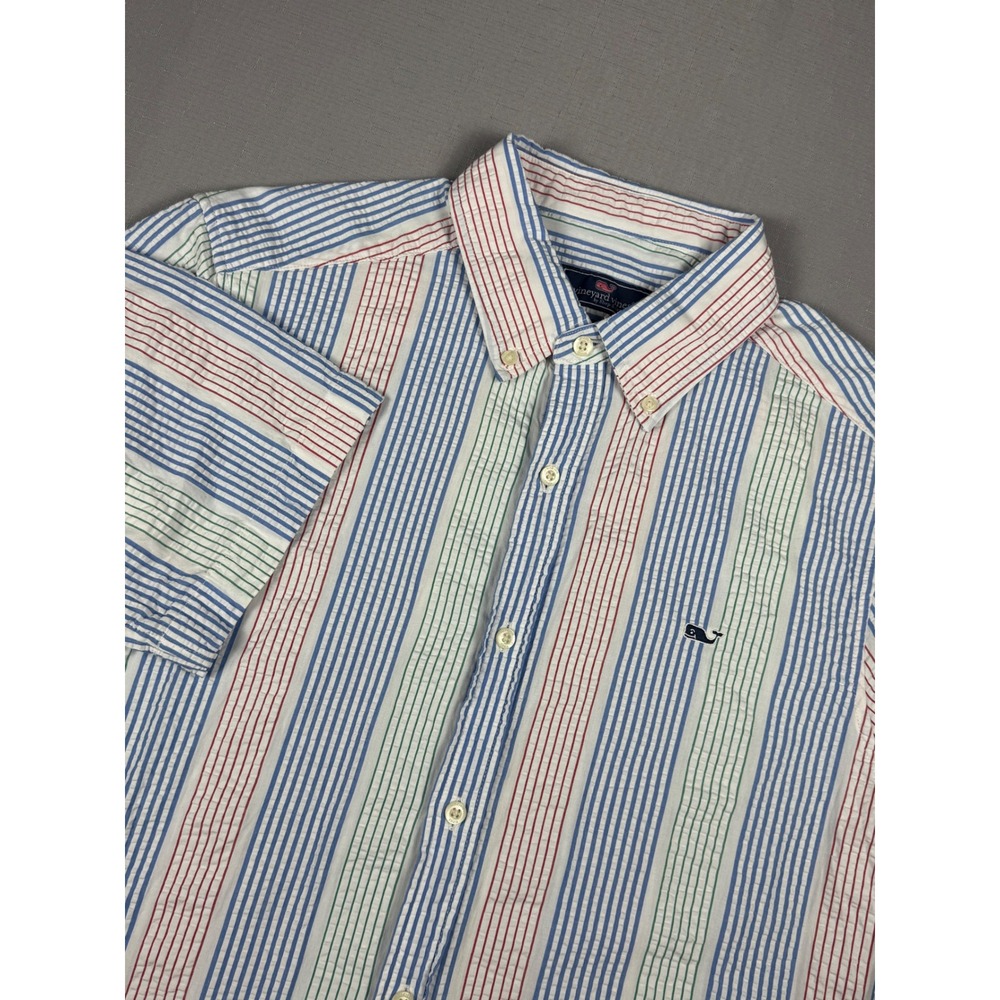 Vineyard Vines Mens Classic Fit Whale Shirt Seersucker Stripe Short Sleeve M